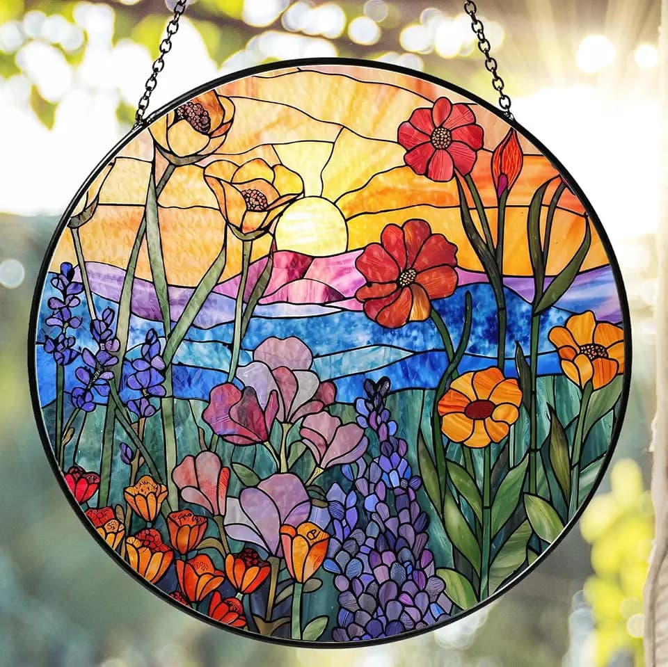Wildflowers Stained Glass Suncatcher for Window, 7.8in Hanging Decor