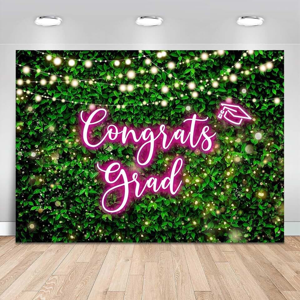Mocsicka 2026 Congrats Grad Backdrop Green Leaves Graduation Party Decorations Greenery Wall Graduation Prom Photography Background Supplies (Pink, 7x5ft(82''x60''))