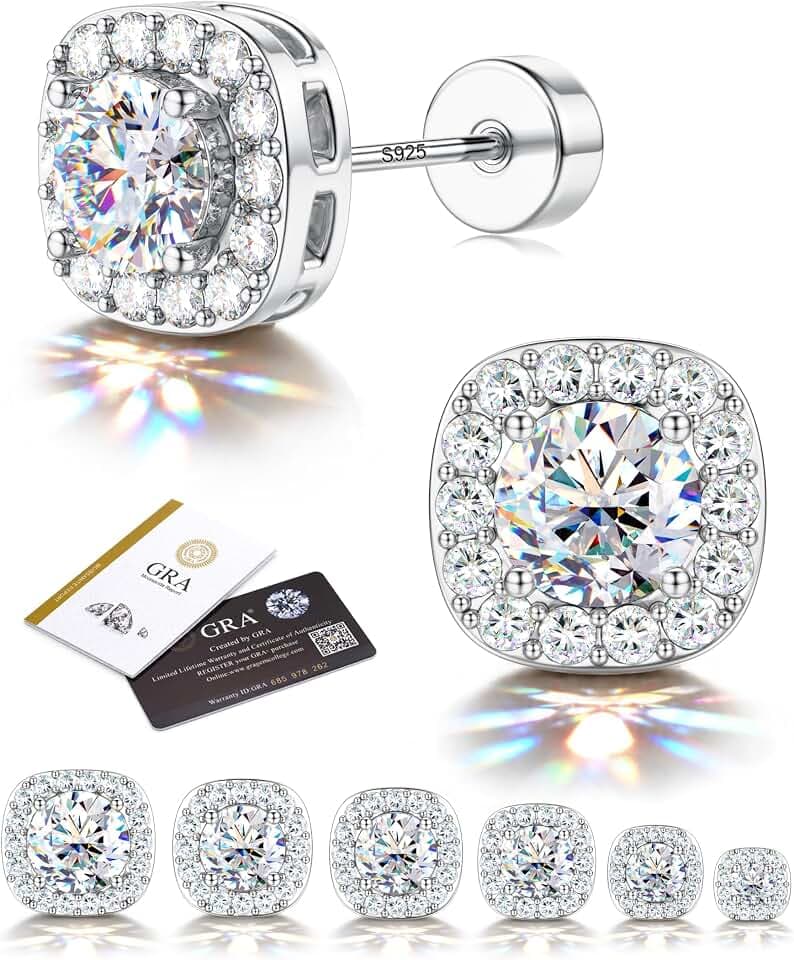 LOLIAS Moissanite Halo Flat Back Earrings for Women Men Hypoallergenic