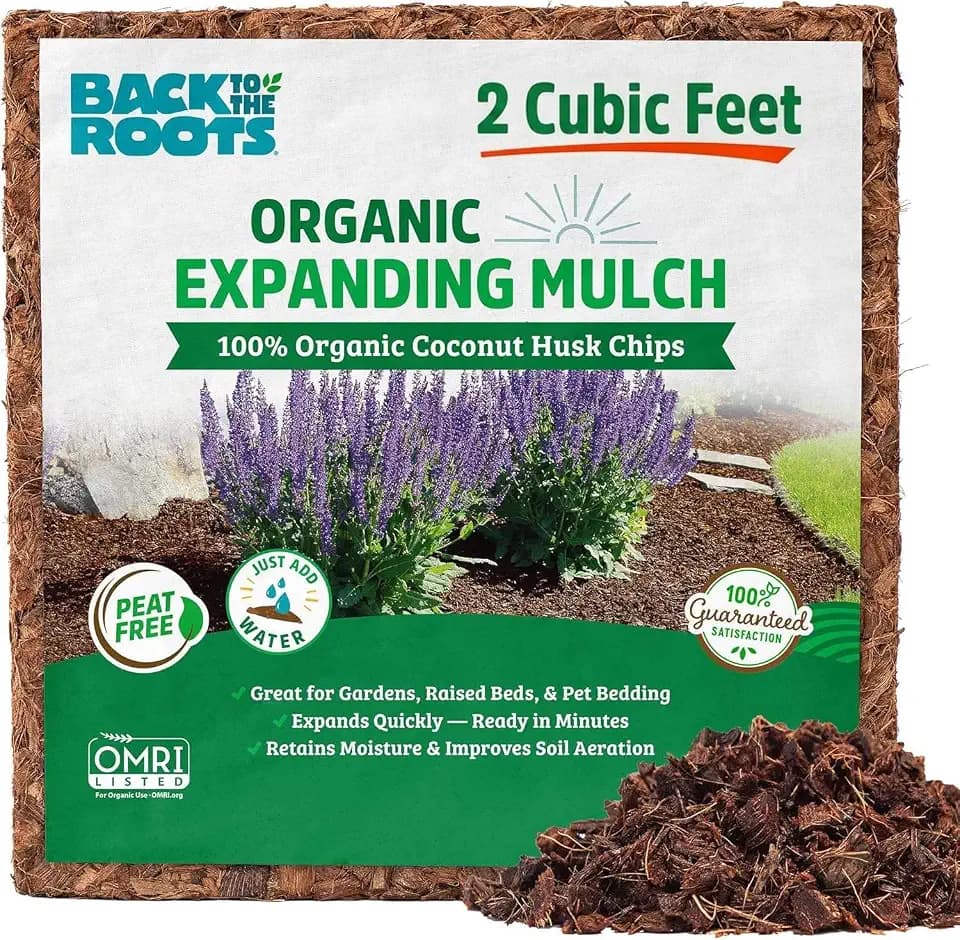 Back to the Roots 100% Organic Mulch, 58 Quart (2 Cubic ft), Expanding Coconut Husk Block for Gardening