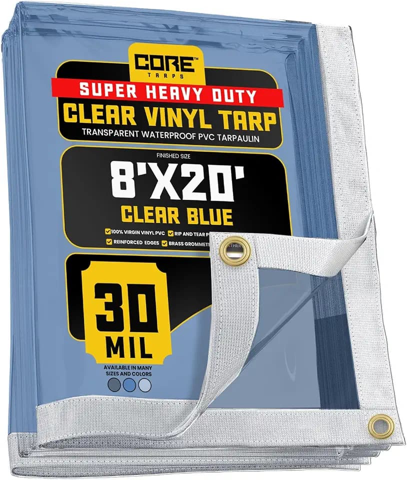 Core Tarps 30 Mil Extreme Heavy Duty Clear Tarp with Grommets - 8x20ft Super Clear Tarps Heavy Duty Waterproof Vinyl Tarpaulin, Transparent Tarp for Outdoor, Camping & Construction, Clear Blue