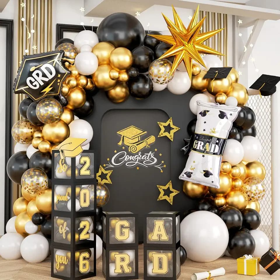 Gold Graduation Balloon Arch Balloons Boxes with Letters 2026 GRAD So Proud of You Gold and Black Congratulations Graduation Decor Gold Confetti Balloon Explosion Star Certificate Trophies Balloons