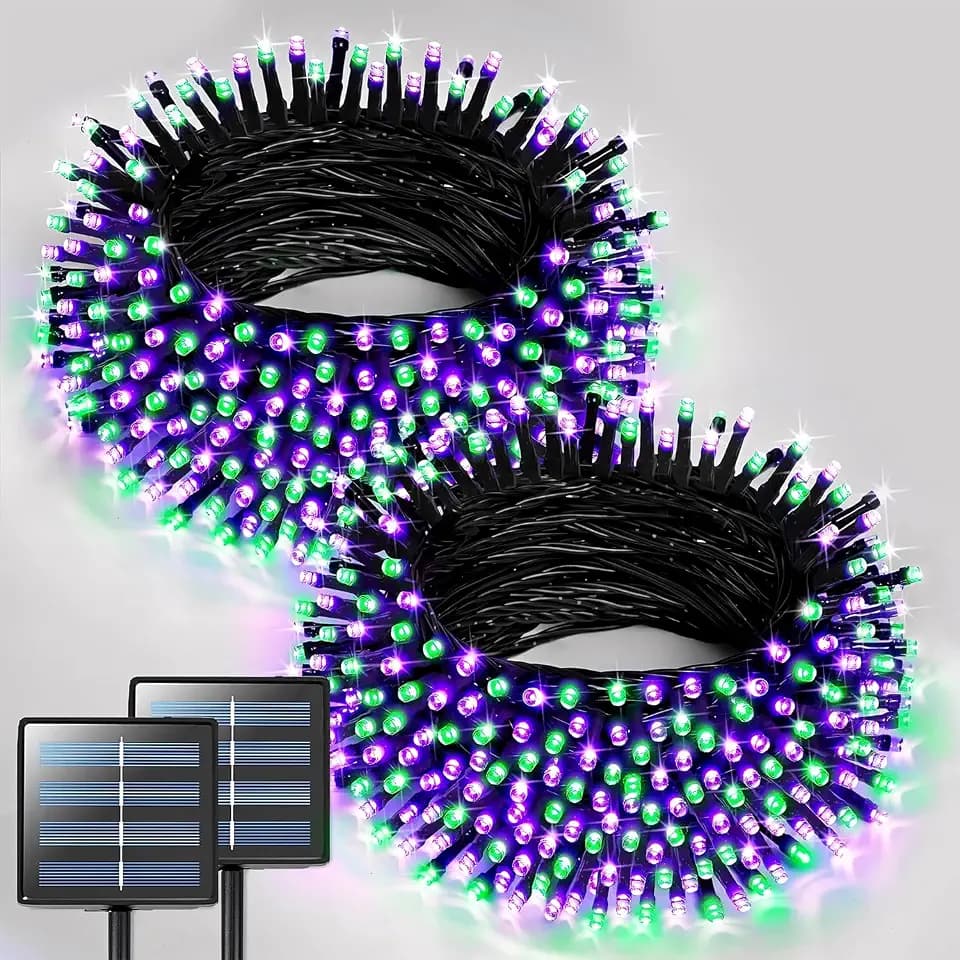 JMEXSUSS 2 Pack Solar Halloween Lights, Tot. 400LED 151FT, Purple and Green