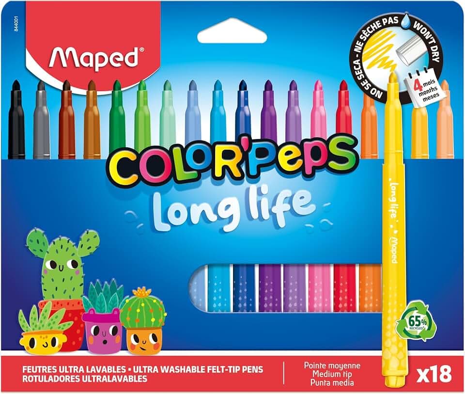 Maped COLOR’PEPS LONG LIFE 2.0 Filzstifte 18er Set – Ultra auswaschbare Fasermaler, langlebig, 3,6 mm Spitze, robuste Kinderstifte für Schule & Malen