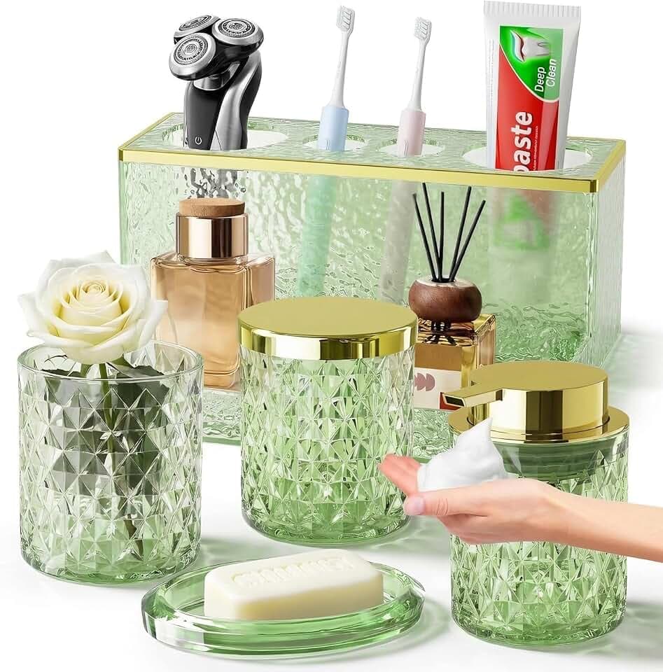 Green Bathroom Accessories Set 5 Pcs, Glass Bathroom Set, Soap Dispenser with Rust Foaming Pump, Soap Dish, Cup, Acrylic Toothbrush Holder Vanity Tray, Cotton Balls Holder, Bathroom Counter Decor