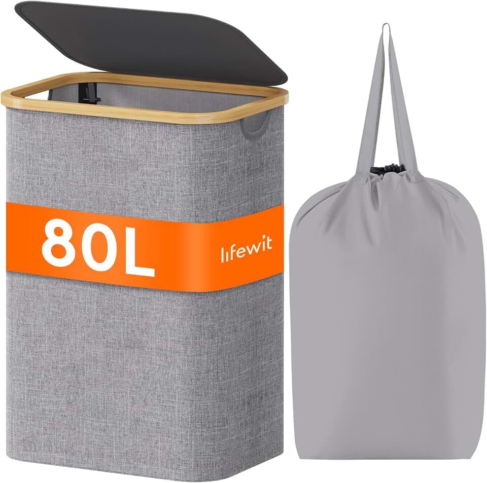 Lifewit 80L Large Laundry Basket with Lid, Removable Bags, Light Gray