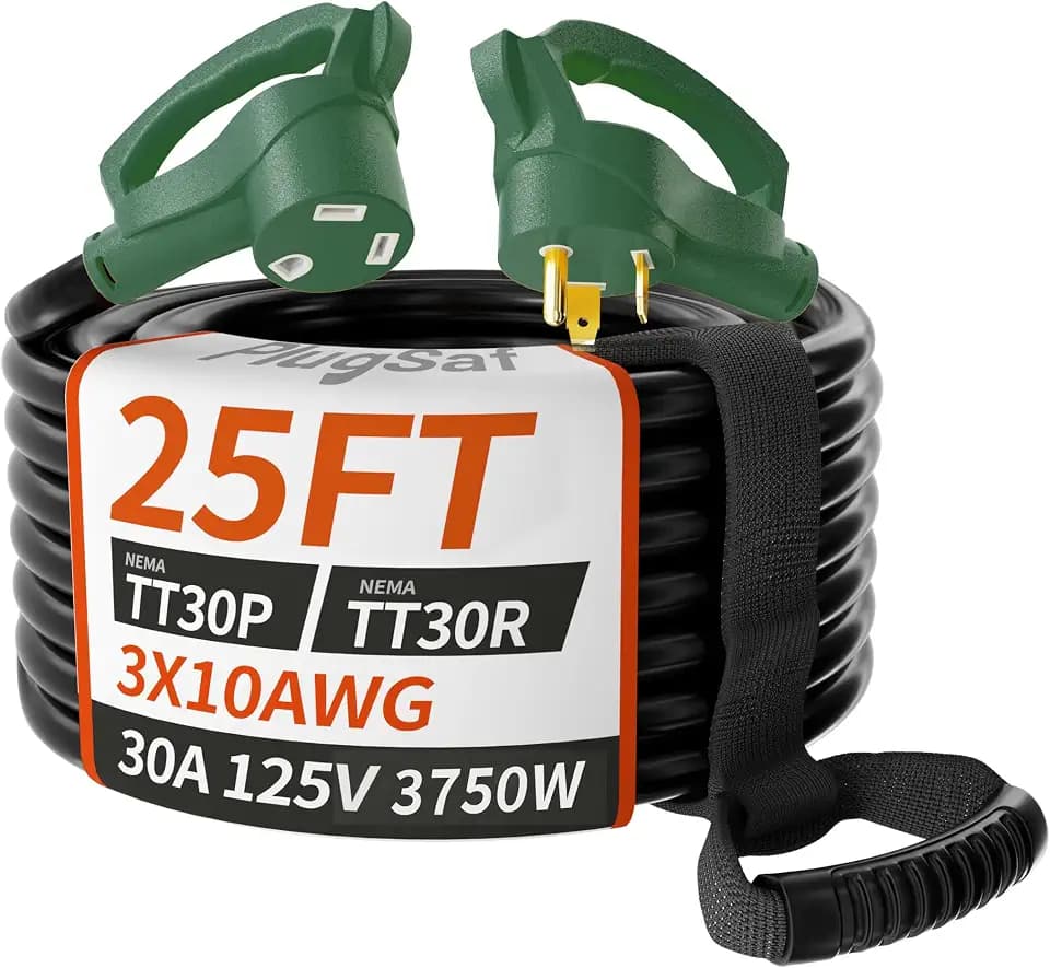 PlugSaf 25 FT 30 Amp RV Extension Cord Outdoor, 10AWG 125V 3750W STW Green