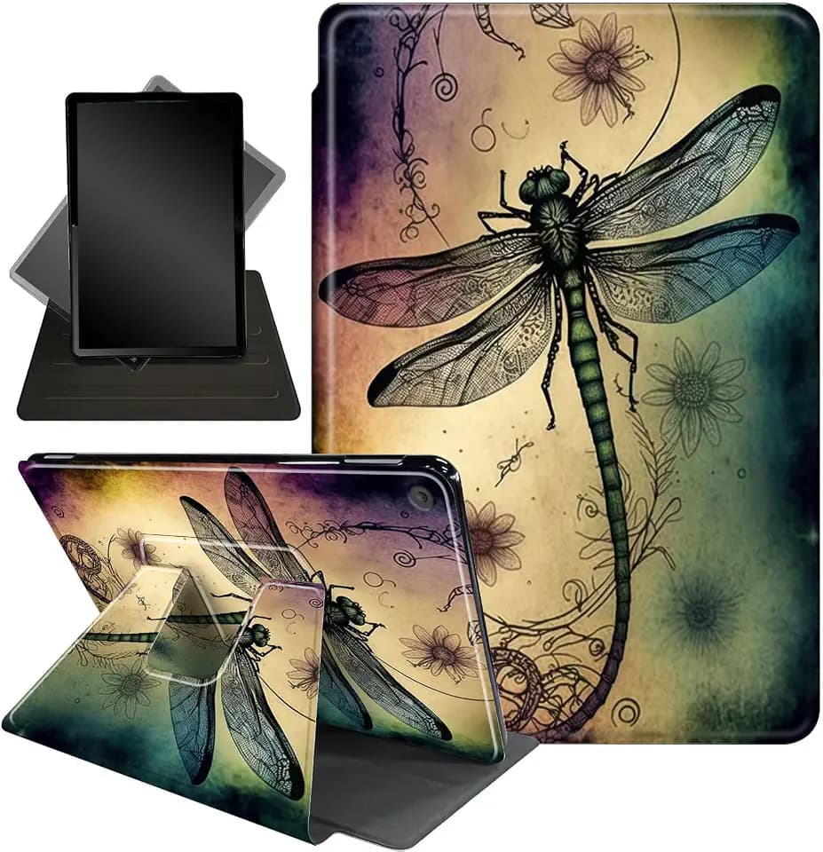 for Amazon Fire HD 10 Tablet (2017 and 2019 Releases,with 7th and 9th Generations) Case,360 Degree Rotating Stand Smart Protective Cover Case,for New Fire HD 10 10.1 inch,Dragonfly Sunflower