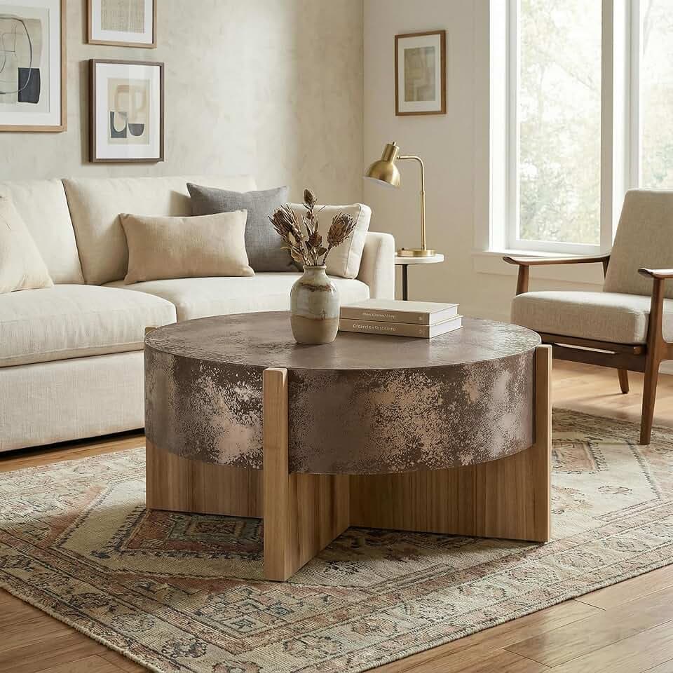 Christopher Knight Home Ember Rustic Coffee Table, 33" Modern Round Wood Accent Table with Burnt Legs, Indoor Living Room Side Table, Wooden End Table with Cross Base, Easy Assembly, Natural + Rustic