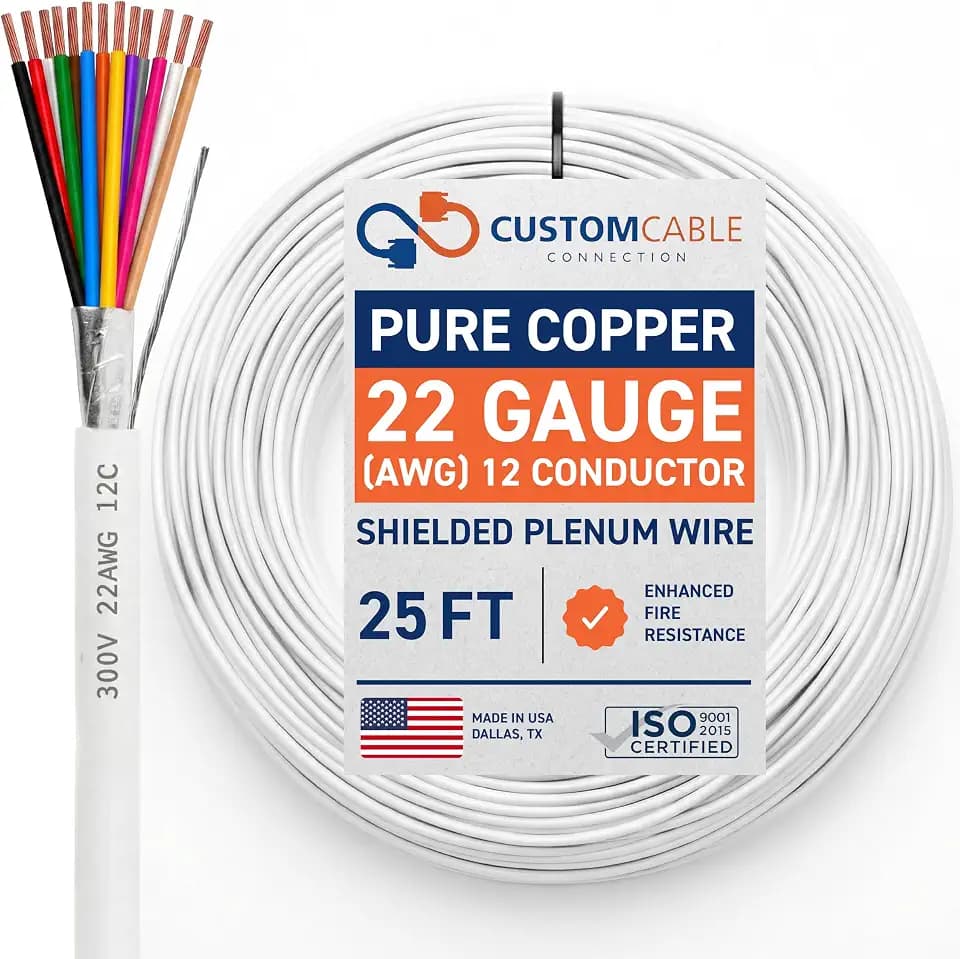 22 Gauge Wire (22 AWG) - 12 Conductor Stranded Copper Shielded Cable - UL Listed 22/12 Home Electrical Wire - Low Voltage Up to 300V - CMP/CL3P Low Smoke Plenum Jacket - USA Made (25ft - White)