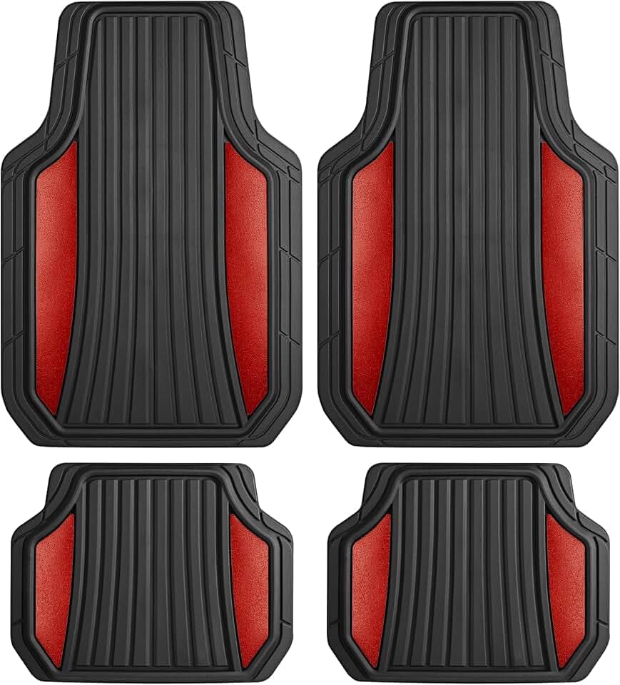 Motor Trend ChromeTech Car Floor Mats Full Set - Durable Rubber Floor Mats for Cars with Two Tone Accent, All Weather Interior Protection for Front and Rear with Non-Slip Backing, Red Chrome