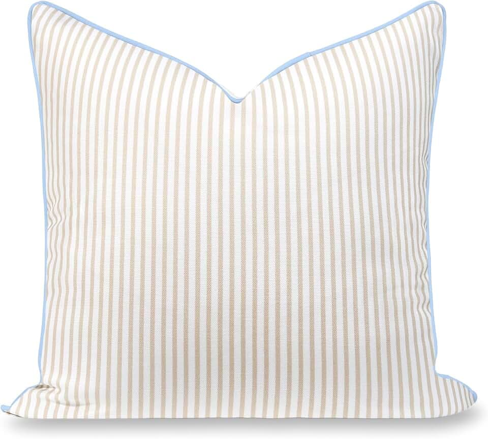 Hofdeco Premium Coastal Hampton Patio Indoor Outdoor Throw Pillow Cover Only, 20"x20" Water Repellent for Backyard, Couch, Poolside, Neutral Tan Blue Print Stripes