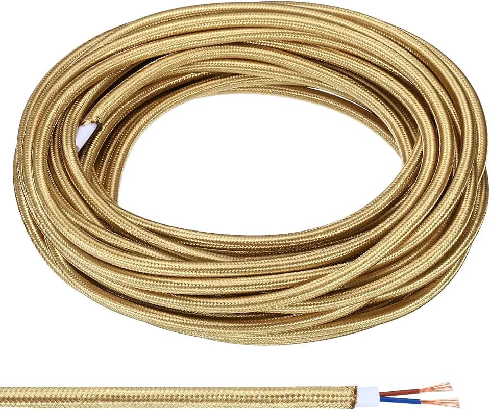 PATIKIL Fabric Cloth Covered Round Wire, 32.8ft 18AWG 2 Core Vintage Woven Electrical Cord for Pendant Light DIY Project, Light Golden