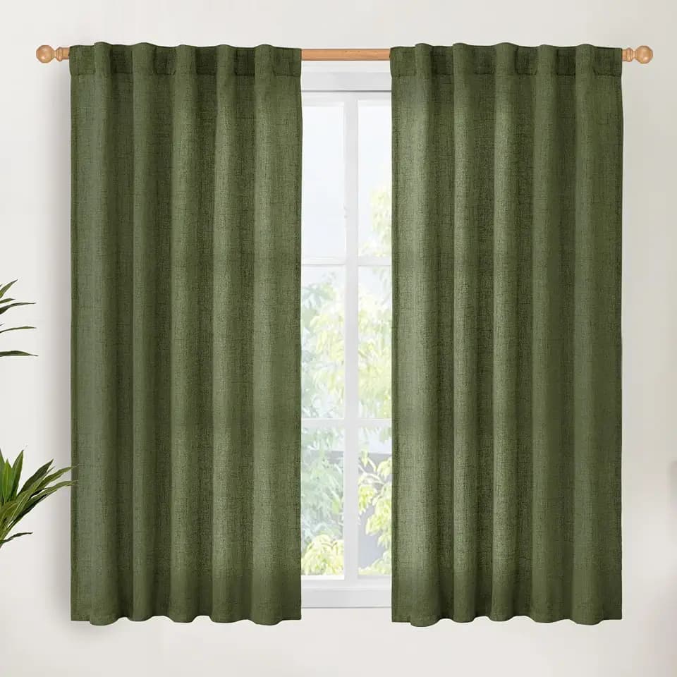 YoungsTex Olive Green Linen Curtains 48 Inch Length, Light Filtering Drapes with Rod Pocket Back Tab for Short Living Room Bedroom Window, 2 Panels, 42 X 48 Inch