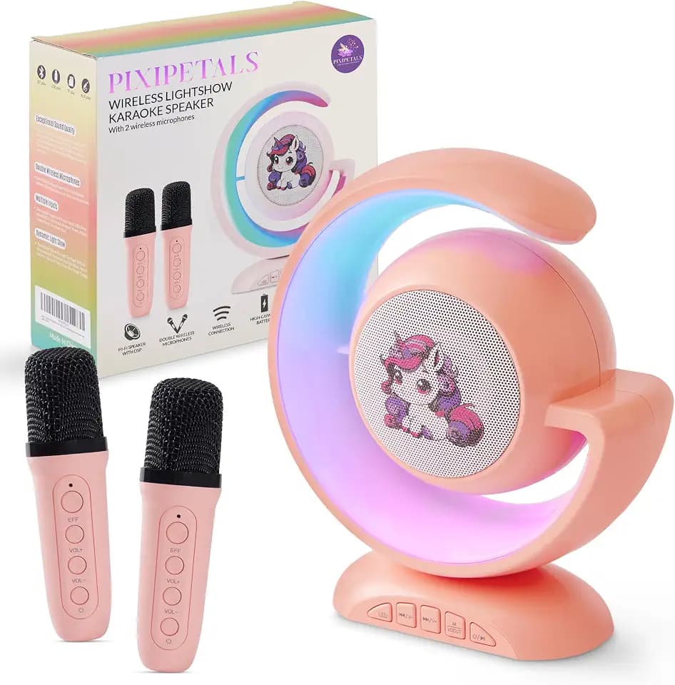 Kids Karaoke Machine with 2 Wireless Microphones – Portable Bluetooth Speaker with Party Lights & Voice Effects, Pink Unicorn Gift for Girls Ages 5–12
