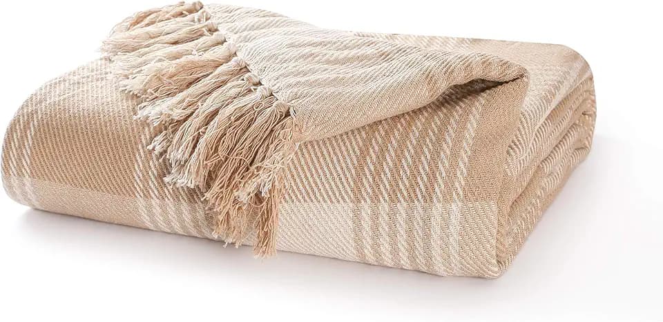 EHC Premium Reversible 100% Baumwolle Large 225 x 250 cm Tartanüberwürfe für Sofa, Tagesdecke, Beige