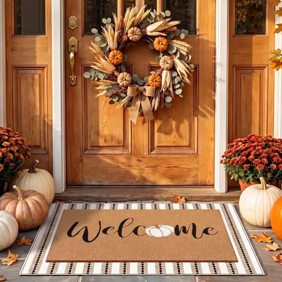Drydiet 2 Pcs Fall Layered Doormat, Blue White Pumpkin Welcome Rug