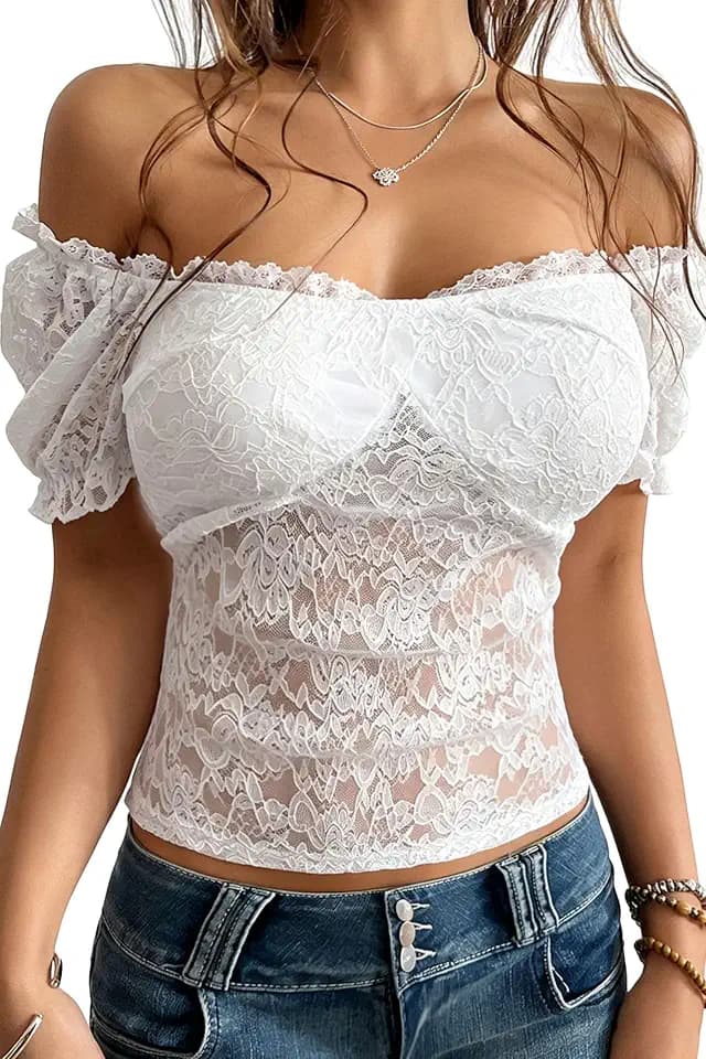 Lace Tops for Women Off Shoulder Going Out Tops Sexy Sheer Mesh Puff Short Sleeve Summer Crop Floral Corset Top