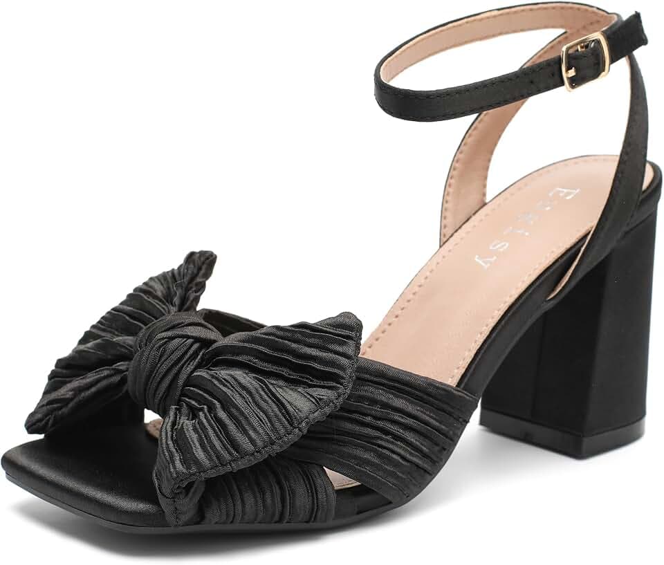 Women's Bow Knot Heeled Sandals Square Toe Ankle Strap Dressy Shoes