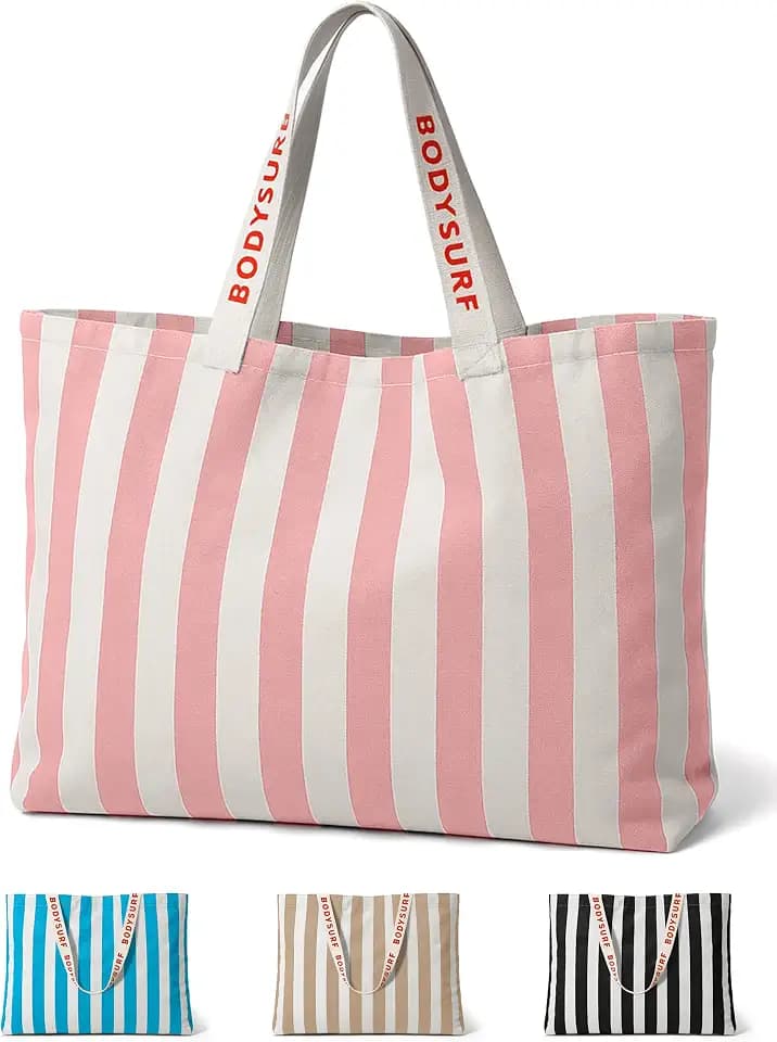Bodysurf Large Canvas Beach Bag, Durable Striped Shoulder Tote + Zip Pocket