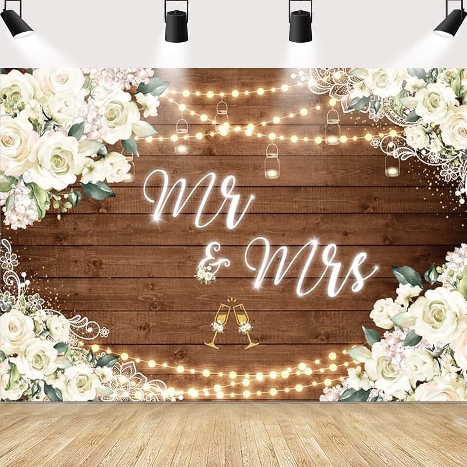 MEHOFOND 7x5ft Mr and Mrs Bridal Shower Backdrop Wedding Decorations Rustic Wooden Floral Bride and Groom Background Bridal Shower Decorations Anniversary Photo Booth Banner