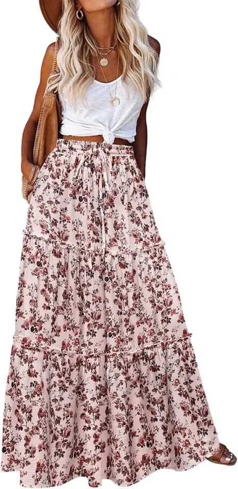 HOTOUCH Damen Röcke Elegant Maxirock Elastische Hohe Taille Langer Rock mit Taschen Casual Sommer A Linie Röcke für Frauen UK Boho Urlaub Strand Rock