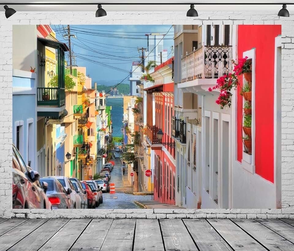 7x5ft Fabric City Street Backdrop for Photography Colorful Building Houses Backdrop San Juan Puerto Rico Street Background Puerto Rico Travel Party Decorations Photoshoot Booth Studio Props