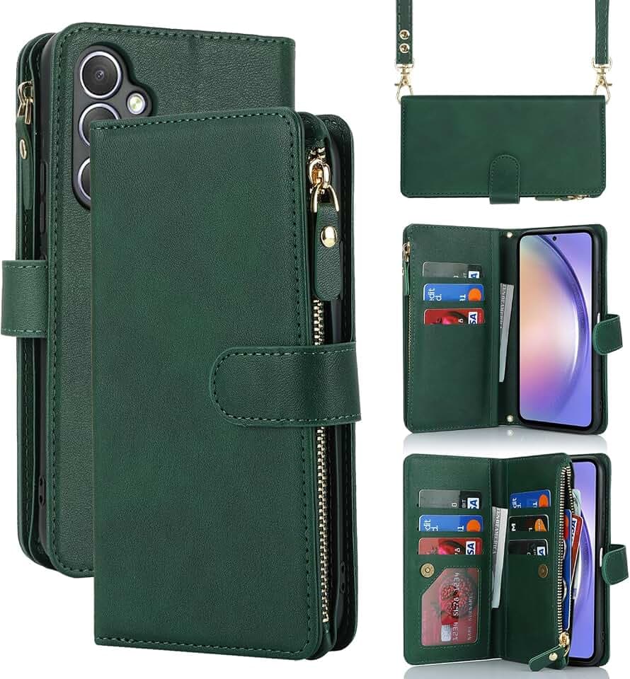 CAVOR Handykette Handyhülle Kompatibel mit Samsung Galaxy A54 5G Hülle Mit Band,Flip Leder Geldbörse Handyhülle,[9 Kartenfach][Mit Kette],Handytasche zum umhängen - Dunkelgrün