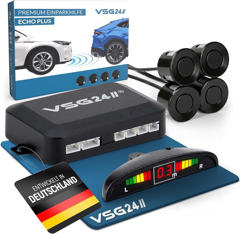 VSG24 Echo Plus Front Einparkhilfe mit Display & 4 Sensoren – robuste Parkhilfe vorne für Auto & Transporter – LED-Anzeige & akustischer Warner, Schalter inklusive – 30–150 cm – 12V Nachrüstset