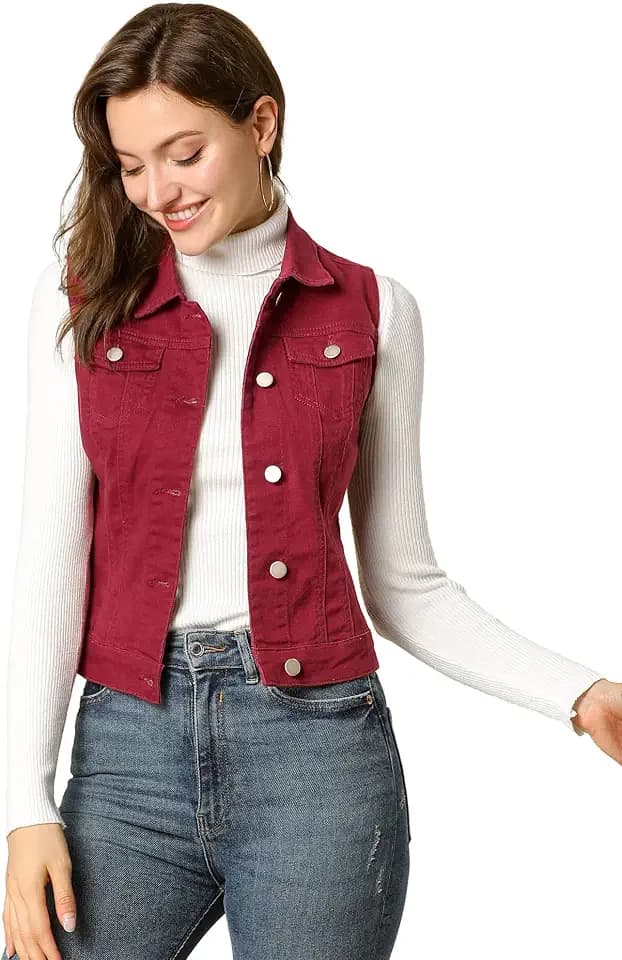 Allegra K Damen Ärmellos Jeansweste Knopfleiste Denim Jacke Weste mit Taschen Causal Jeans Vest