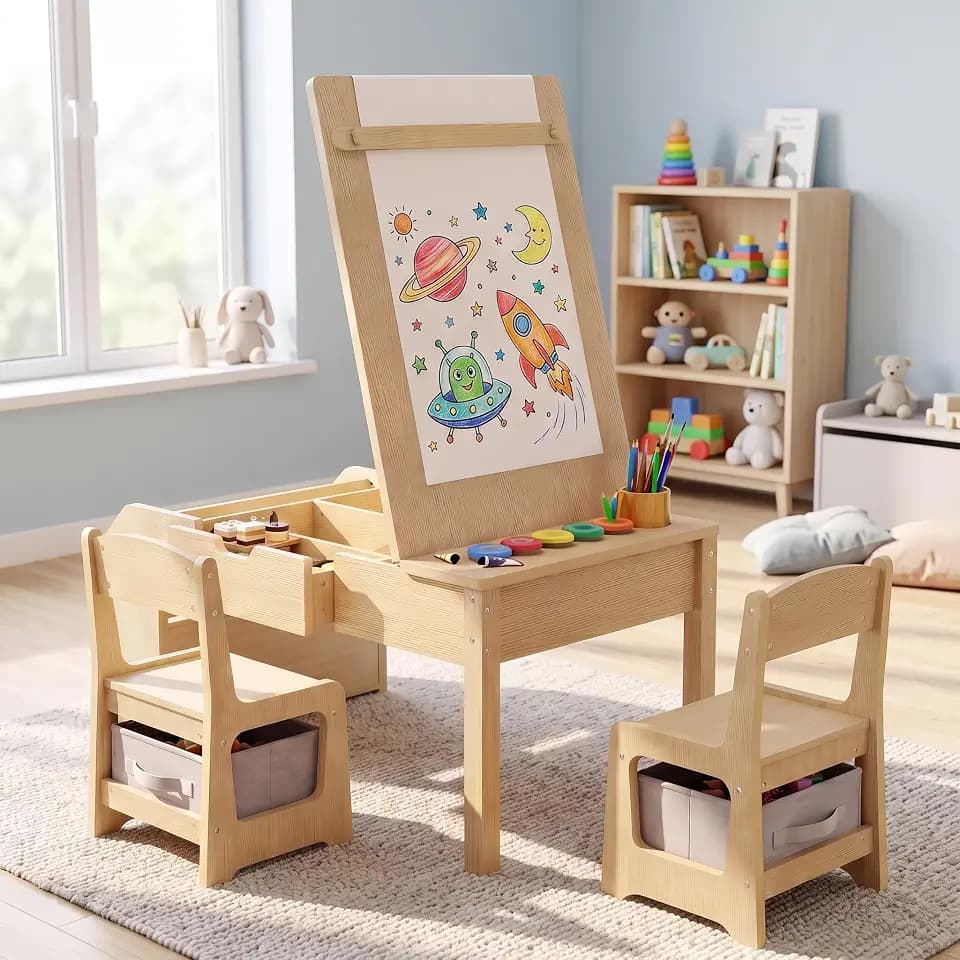 5-in-1 Kids Art Table and Chairs Set, Convertible Toddler Table and Chair Set with Art Easel, Paper Roll Holder, Storage Drawers and Craft Play Desk, Wooden Activity Learning Table for Kids, Wood