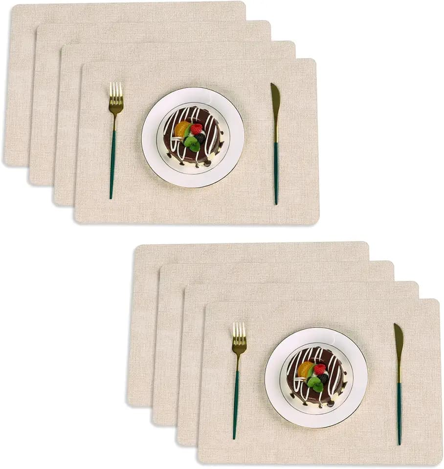 8pcs Leather Placemats Easy Clean Heart Resistant Waterproof, Wasable & Durable Non Slip Dinner Table Placemat, Suitable for Indoor & Outdoor Desk, 17' ×12' inch, Floral White