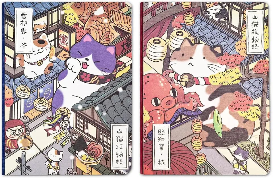 2 Stück Zusammensetzung Notebook, Notebook Schulsachen Tagebuch Notizbuch Japanische Cartoons Gedruckt Cover, A5 Lined Schreibbuch Handmalerei Cover Notizbuch Pad Autotyp Handgezeichnetes (Katze 5)