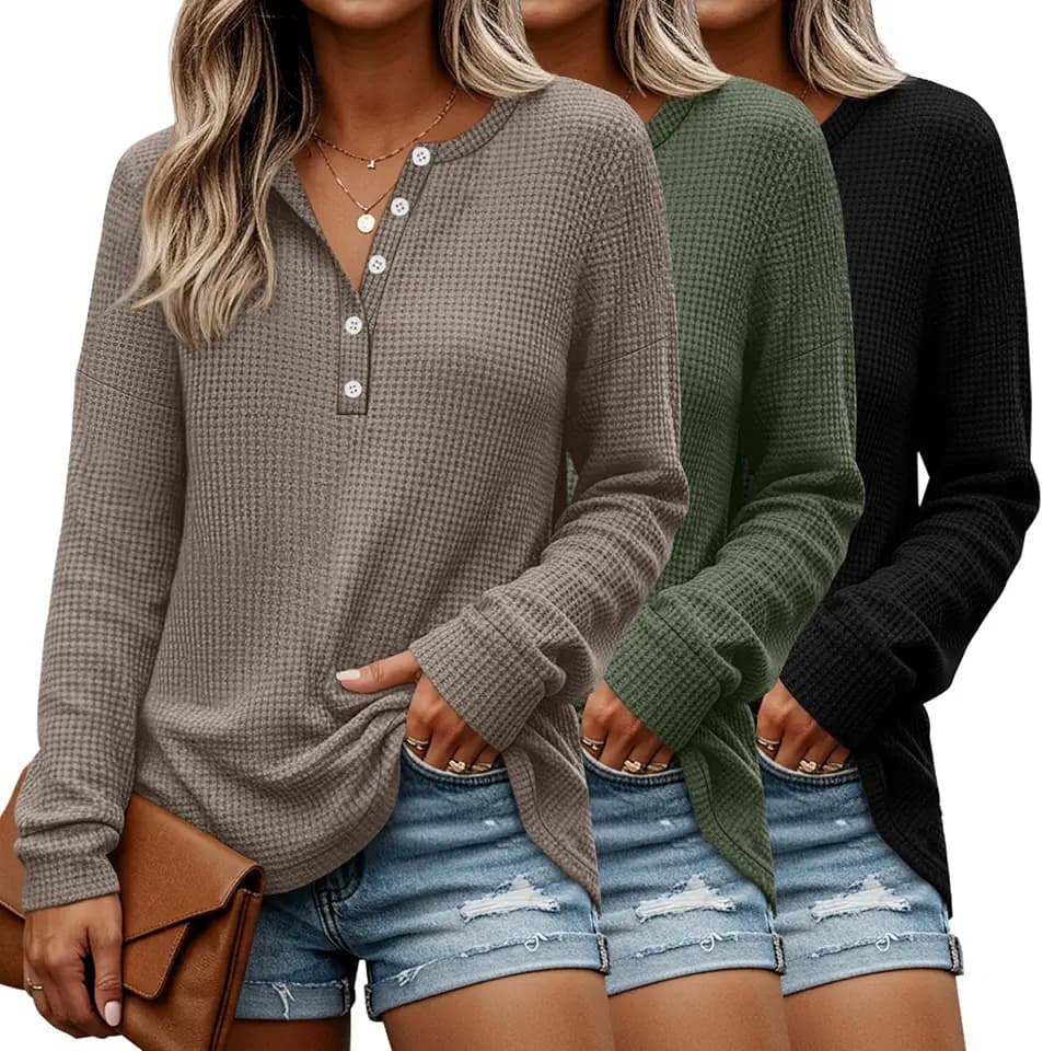 3 Pack Women's Waffle Henley Shirts Long Sleeve Tops