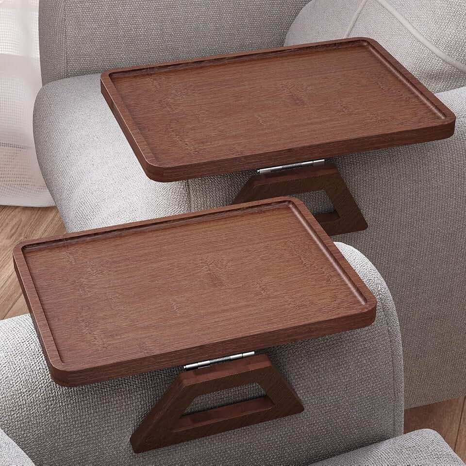 2 Pack Bamboo Couch Arm Tray,Folding Sofa Armrest Table(Brown)