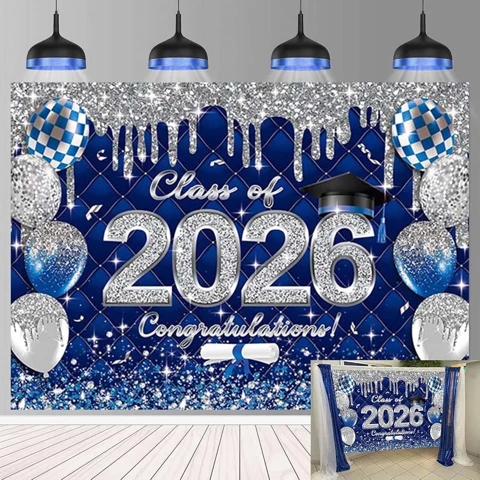 Blue Graduation Backdrop Class of 2026 Photoshoot Background 2026 Congrats Grad Congratulations Party Decoration Banner Photo Props (7x5FT(82 x 59 inch))