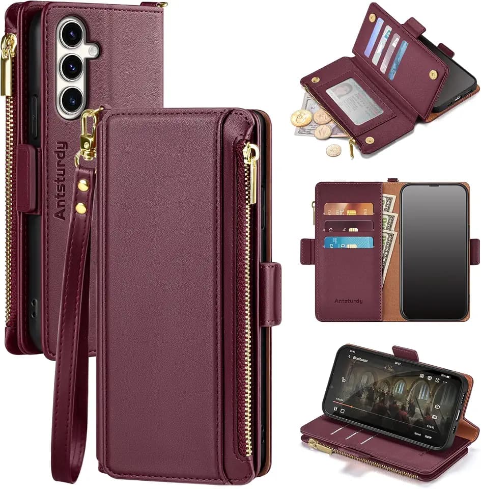 Antsturdy for Samsung Galaxy S23 FE Phone Wallet Case Women,Wine Red
