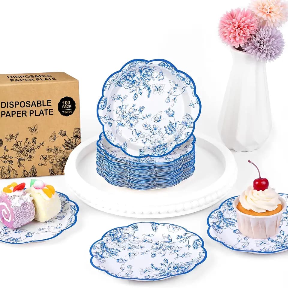 Kochorie 100 Pcs Blue Floral Paper Plates 7 Inch Disposable Toile Plate