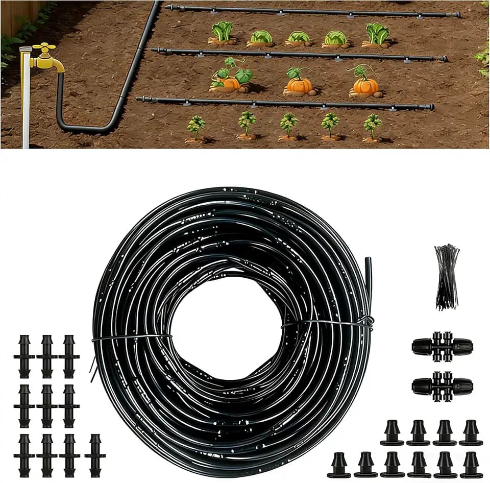 Drip Irrigation Tubing 100ft Kit, 1/4 drip Irrigation tubing with Built-in 0.5 GPH Emitters Every 6", drip tubing with 2×6-Way Couplers, Couplings, Goof Plugs & UV Zip Ties