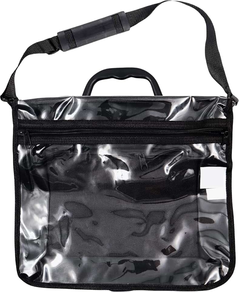 Black Tefillin & Tallit Tote Bag in Size L, Rain Proof with Carry Handle & Carrying Strap, Clear Front, Zippered Plastic Cover