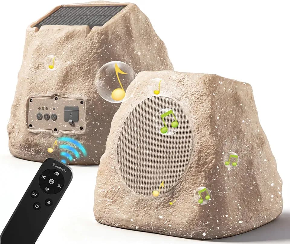 Upgraded Outdoor Rock Speaker 60W Deep Bass Multi-Sync up to 100Pcs, Remote Control, IPX7 Waterproof Solar-Powered with LED Lights Perfect for Pool, Garden, Patio, Ideal for Music Lovers - 2 Packs