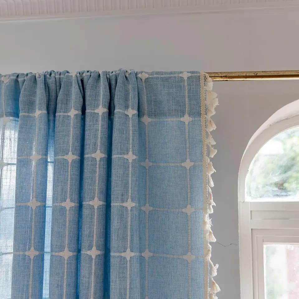 Deeprove Blue Boho Curtain 84 Inches Long for Kid Boy's Bedroom Nursery Room, Cotton Linen Lattice Plaids Embroidery Semi Blackout Bohemian Window Treatment Grids Drape Tassels, 1 Panel W52 x L84