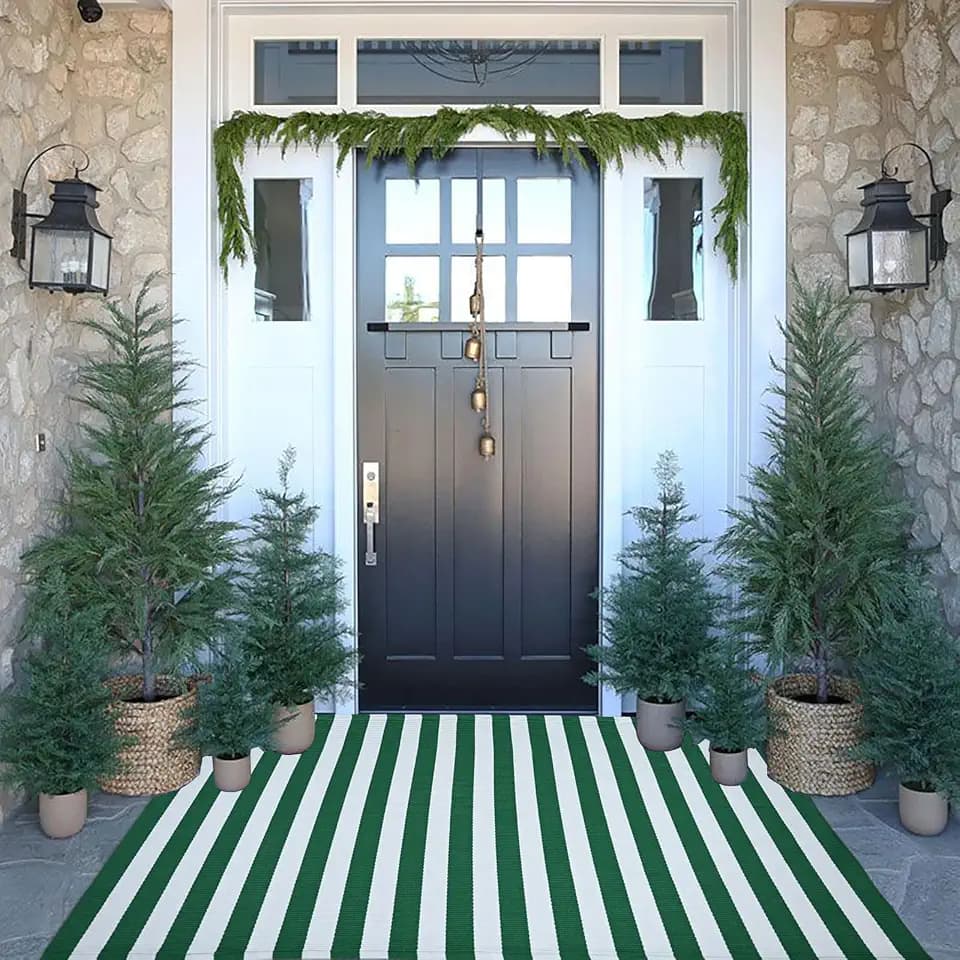 St. Patrick's Day Striped Outdoor Rug Green and White Spring Door Mat 3' x 5' Layered Welcome Mat for Farmhouse Spring Easter Front Porch Entryway Decor