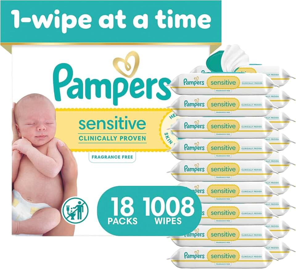 Pampers Sensitive Baby Wipes, Unscented, Fragrance Free, Clinically Proven, Water Based, Hypoallergenic, Multi-Use, Hand Wipes, 1008 Wipes Total (18X Flip-Top Packs)