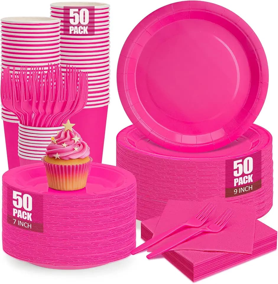 250Pcs Hot Pink Paper Plates and Napkins Supplies, Include 9’’Paper Party Plate, 7’’Dessert Plates Cups Napkins Forks Sets for Birthday, Anniversaries, Wedding, Picnics, Serves 50