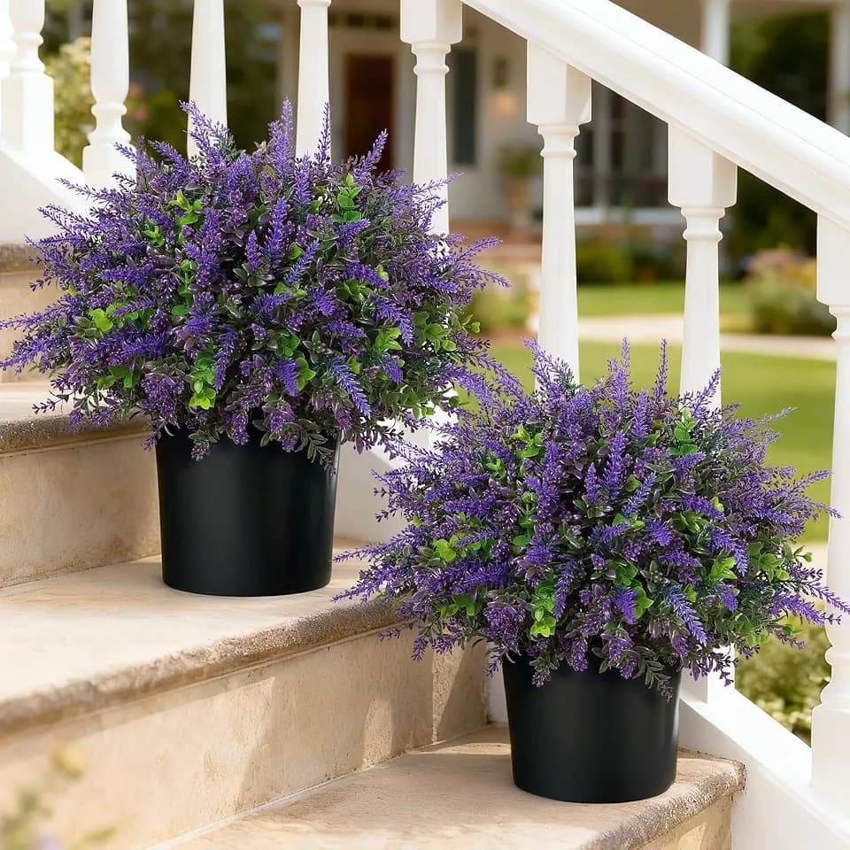 2 Pcs Artificial Lavender & Eucalyptus Topiary Tree for Porch(Purple-Green)
