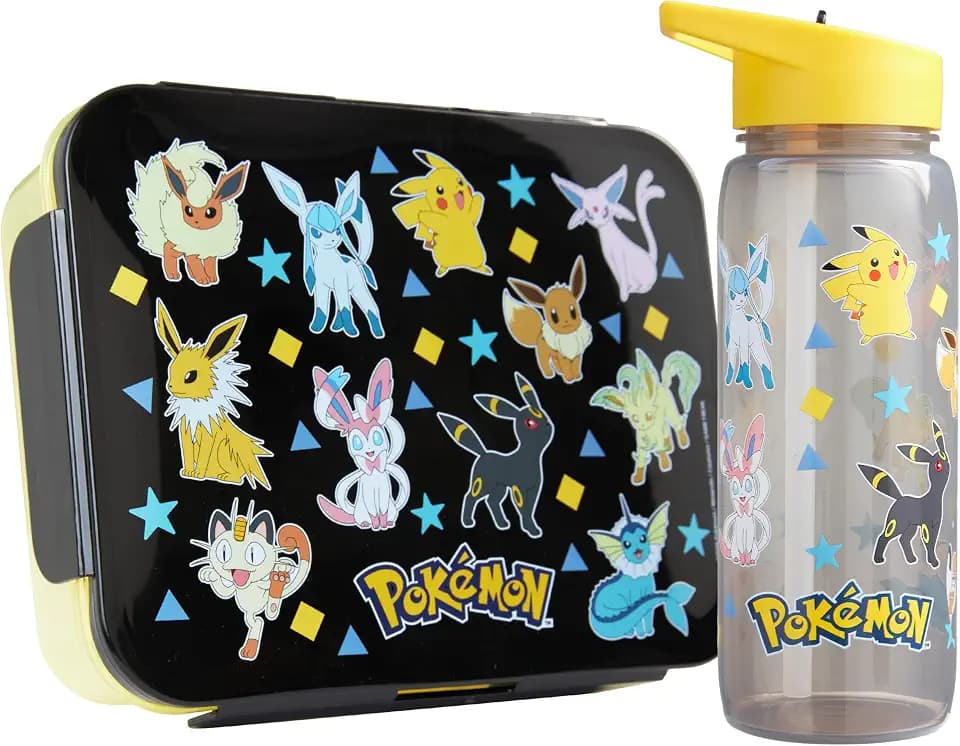 Get Trend Pokemon Brotdose Kinder & 640ml Trinkflasche Set, 1,75L Snackbox mit Fächern, Spülmaschinenfest & Mikrowellengeeignet, BPA Frei Bento Lunchbox für Schule & Freizeit (Multi Pokemon)