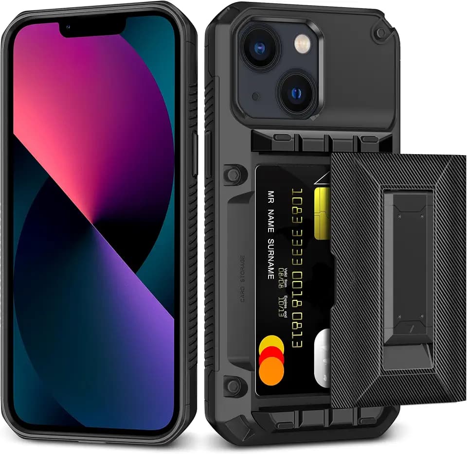 SAMONPOW for iPhone 13 Case with Card Holder [4 Cards] & Kickstand, Black