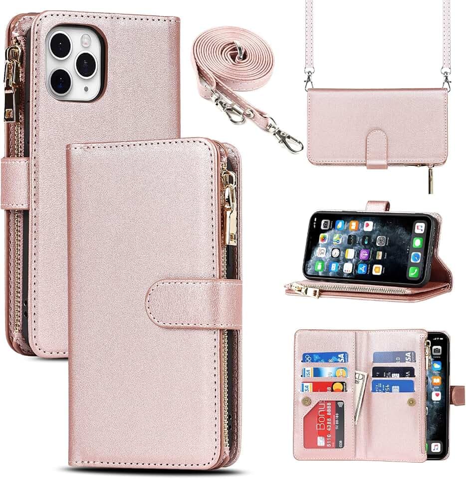 Cavor for iPhone 11 Pro Wallet Case with Strap Stand, Rose Gold
