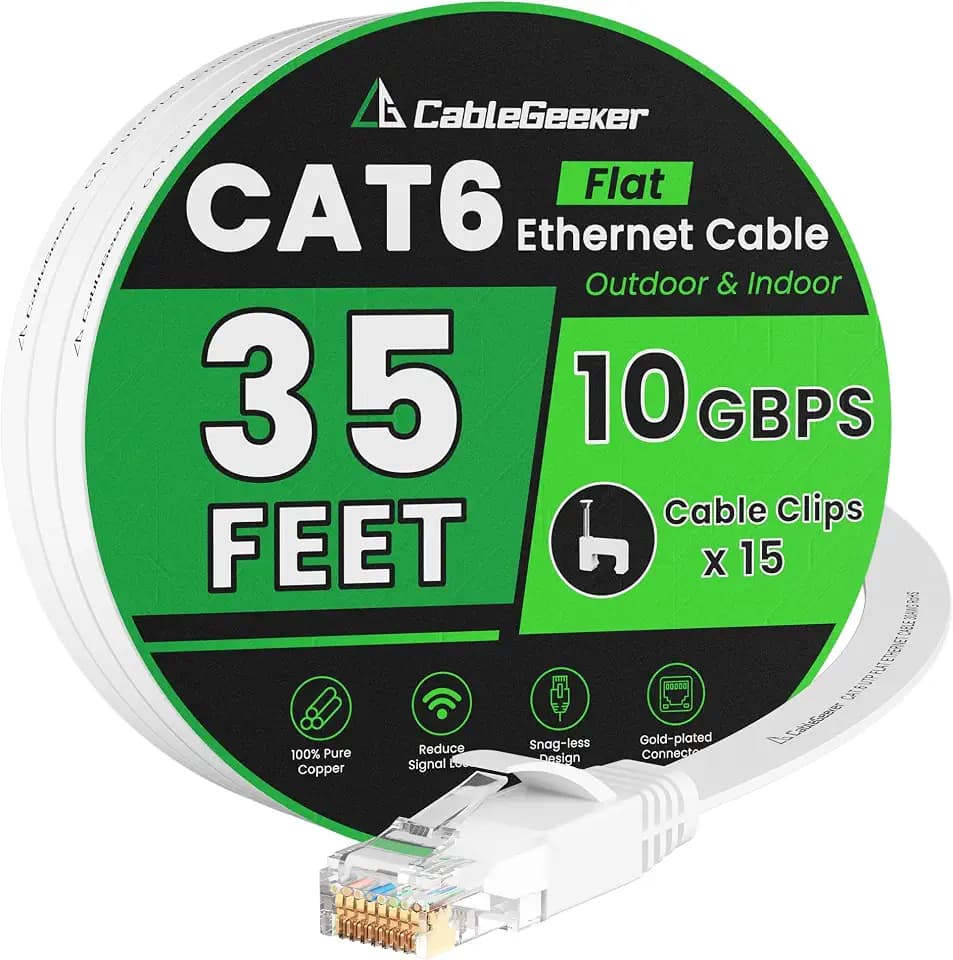 CableGeeker Cat 6 Flat Ethernet Cable 35ft, 10Gbps, White